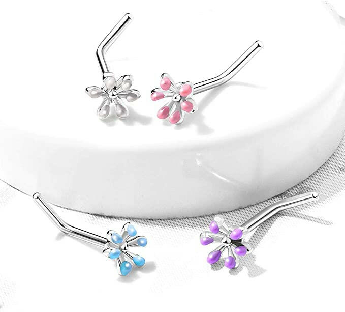 Surgical Steel Enamel Flower Top L Bend Nose Rings Nose Ring Impulse Piercings