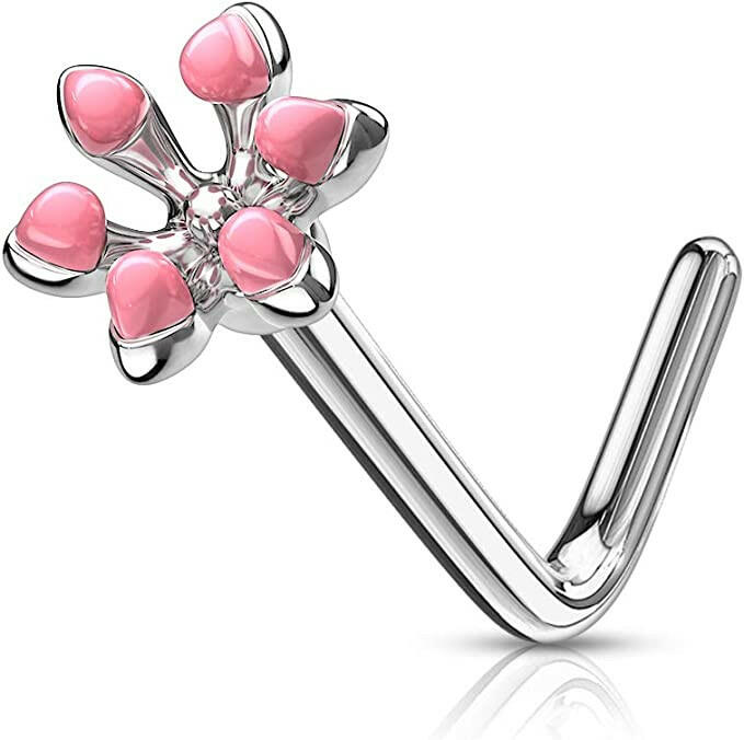 Surgical Steel Enamel Flower Top L Bend Nose Rings Nose Ring Impulse Piercings Pink