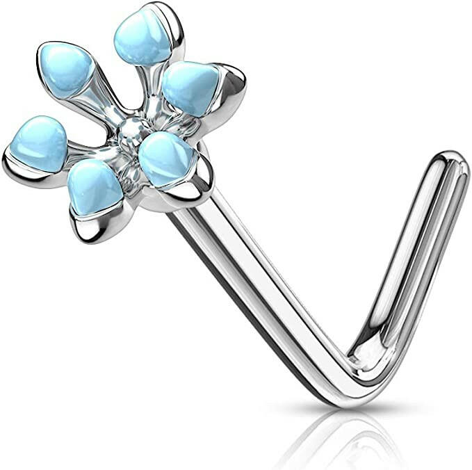 Surgical Steel Enamel Flower Top L Bend Nose Rings Nose Ring Impulse Piercings Aqua