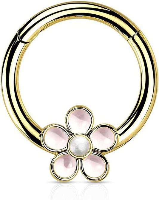 Surgical Steel Enamel Flower with Hinged Segment Ring Cartilage Impulse Piercings Gold