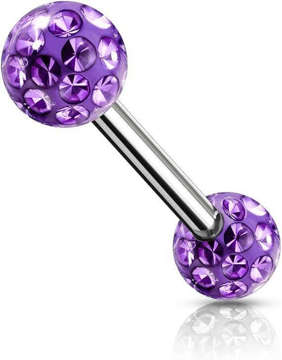 Surgical Steel Epoxy Covered Crystal Paved Balls Nipple Barbell Rings Nipple Ring Impulse Piercings 14GA Length: 12mm Tanzanite