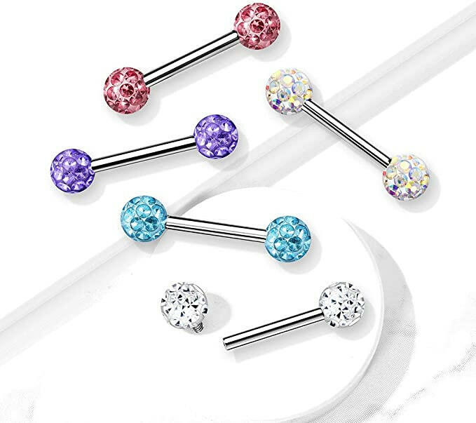 Surgical Steel Epoxy Covered Crystal Paved Balls Nipple Barbell Rings Nipple Ring Impulse Piercings