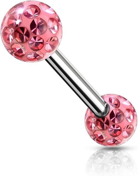 Surgical Steel Epoxy Covered Crystal Paved Balls Nipple Barbell Rings Nipple Ring Impulse Piercings 14GA Length: 12mm Pink