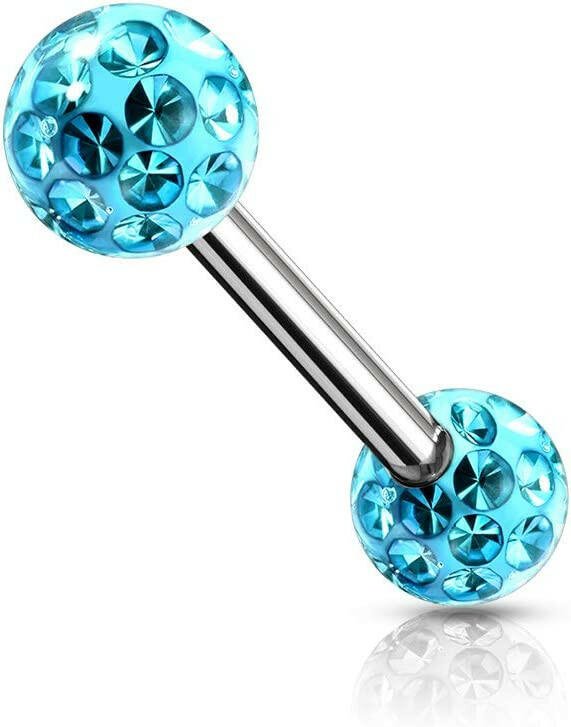 Surgical Steel Epoxy Covered Crystal Paved Balls Nipple Barbell Rings Nipple Ring Impulse Piercings 14GA Length: 12mm Aqua