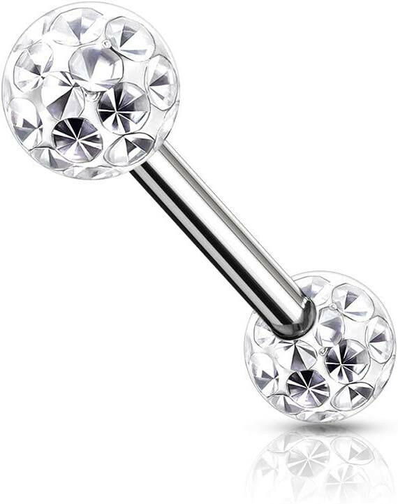 Surgical Steel Epoxy Covered Crystal Paved Balls Nipple Barbell Rings Nipple Ring Impulse Piercings 14GA Length: 12mm Clear