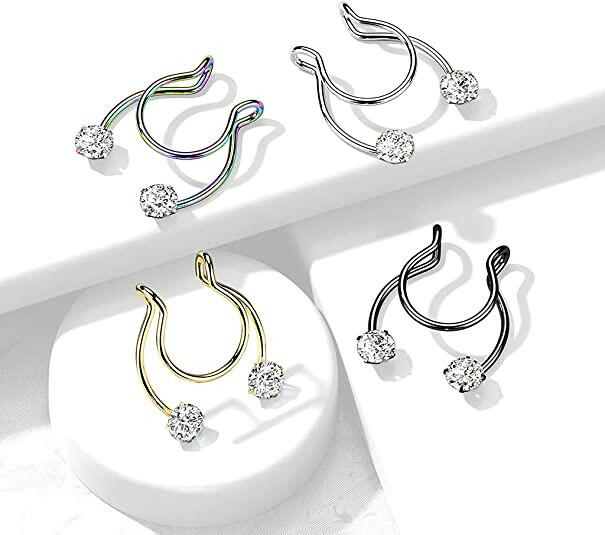 Surgical Steel Fake Clip on Horseshoe with Forward Facing CZ for Septum Nipple and Ear Nipple Ring Impulse Piercings