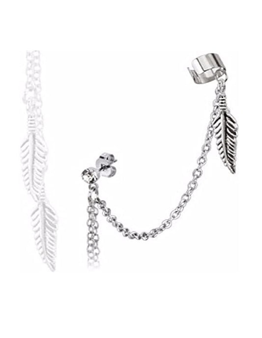 Surgical Steel Feather Dangles with Stud Chain Earring with End Clip Ear Cuff Cuff Earring Impulse Piercings