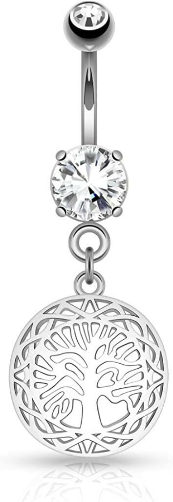 Surgical Steel Filigree Edged Round Tree of Life Dangle on Round CZ Belly Navel Ring Navel Ring Impulse Piercings