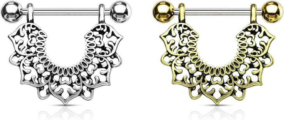 Surgical Steel Filigree Flower Dangle Nipple Shield Rings Nipple Ring Impulse Piercings