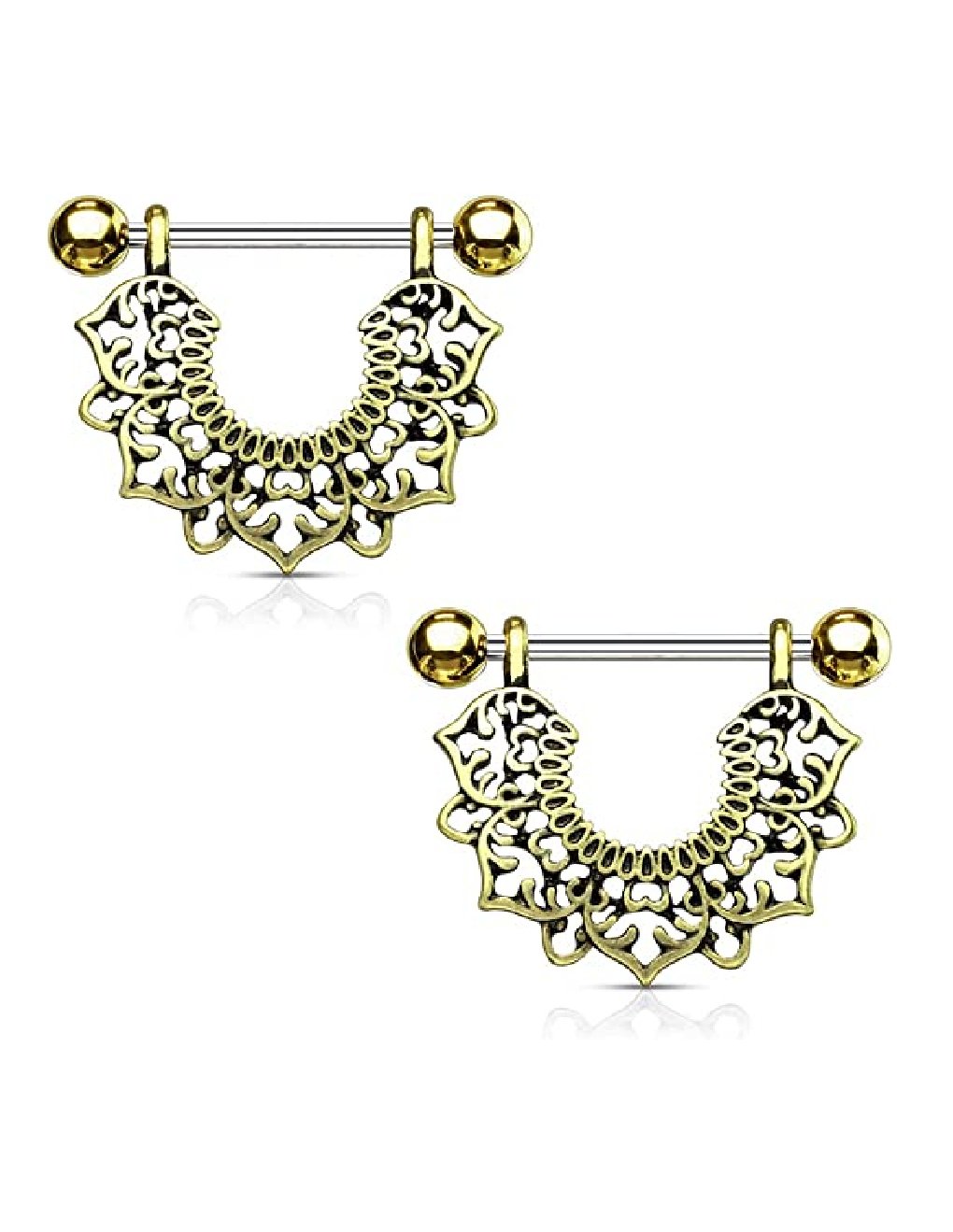 Surgical Steel Filigree Flower Dangle Nipple Shield Rings Nipple Ring Impulse Piercings Gold