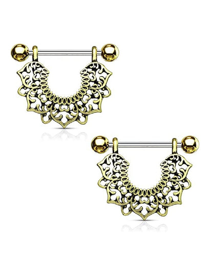 Surgical Steel Filigree Flower Dangle Nipple Shield Rings Nipple Ring Impulse Piercings Gold