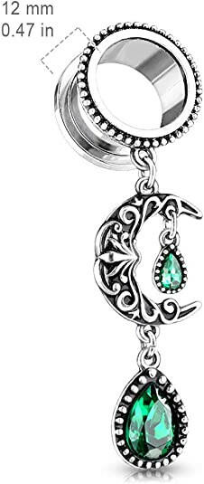 Surgical Steel Filigree Moon with Emerald Green Stone Pear Dangle Screw Fit Flesh Tunnel Plugs Plugs Impulse Piercings