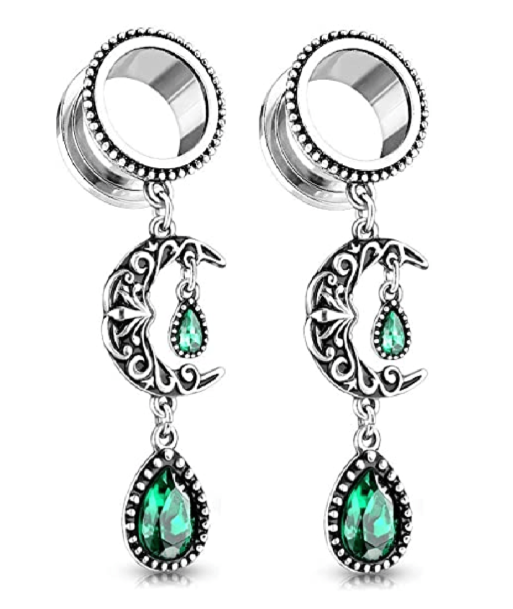 Surgical Steel Filigree Moon with Emerald Green Stone Pear Dangle Screw Fit Flesh Tunnel Plugs Plugs Impulse Piercings 2GA (6mm)