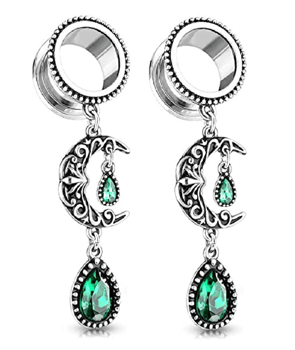 Surgical Steel Filigree Moon with Emerald Green Stone Pear Dangle Screw Fit Flesh Tunnel Plugs Plugs Impulse Piercings 2GA (6mm)