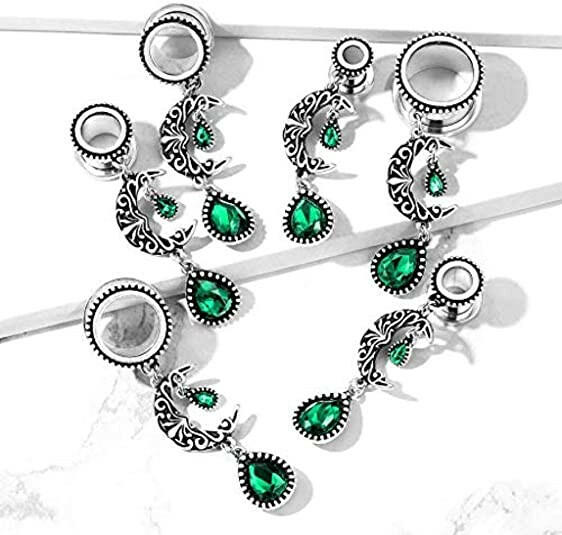 Surgical Steel Filigree Moon with Emerald Green Stone Pear Dangle Screw Fit Flesh Tunnel Plugs Plugs Impulse Piercings