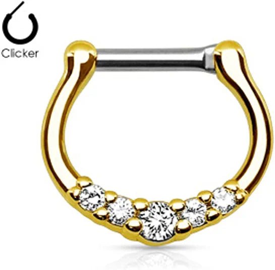 Surgical Steel Five-Gems Septum Clicker Ring Septum Ring Impulse Piercings Gold