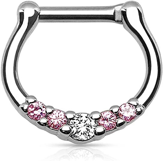 Surgical Steel Five-Gems Septum Clicker Ring Septum Ring Impulse Piercings Pink