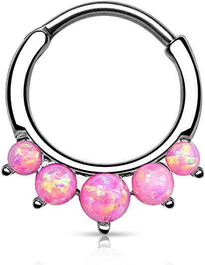 Surgical Steel Five Paved Opal Round Septum Clicker Septum Ring Impulse Piercings Pink