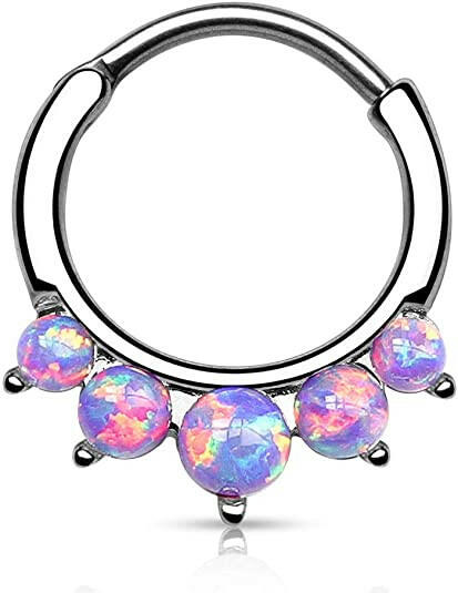 Surgical Steel Five Paved Opal Round Septum Clicker Septum Ring Impulse Piercings Purple