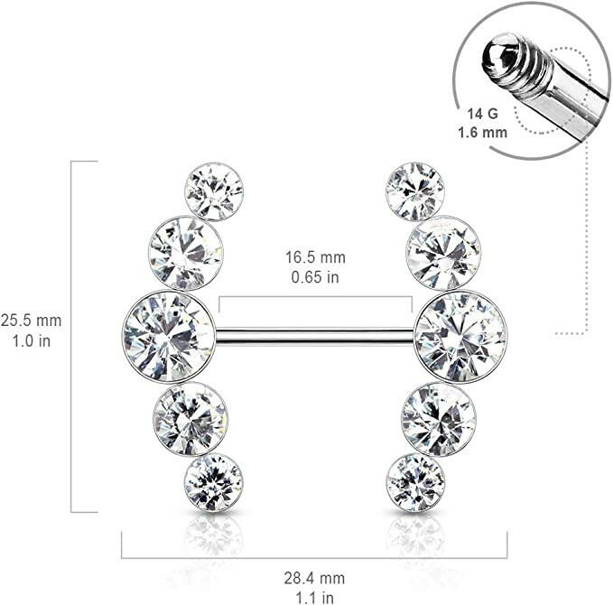 Surgical Steel Five Round Crystals Lined Ends Nipple Barbell Rings Nipple Ring Impulse Piercings