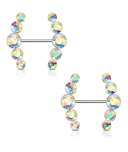 Surgical Steel Five Round Crystals Lined Ends Nipple Barbell Rings Nipple Ring Impulse Piercings Aurora Borealis