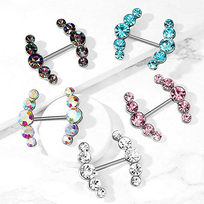 Surgical Steel Five Round Crystals Lined Ends Nipple Barbell Rings Nipple Ring Impulse Piercings