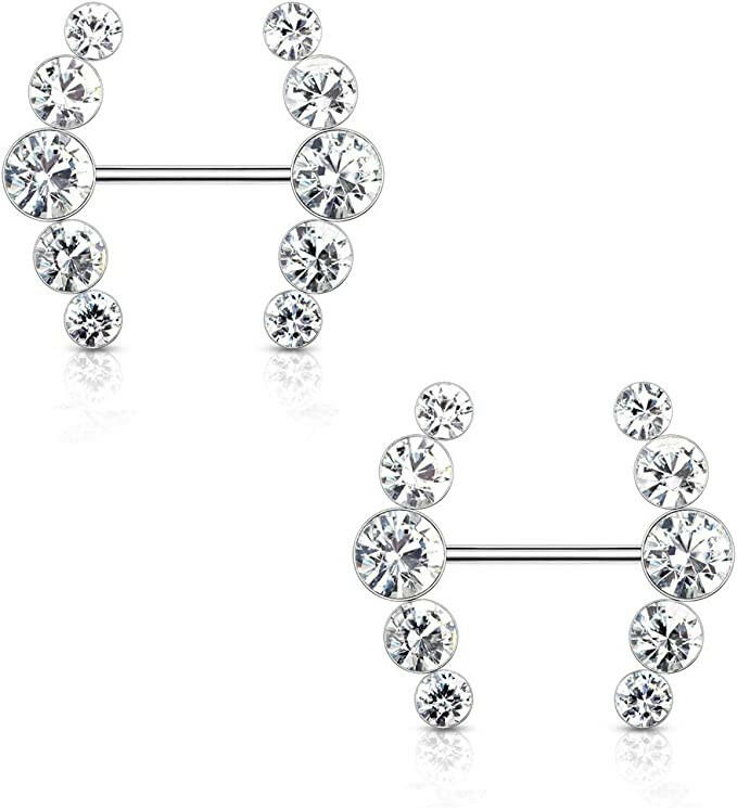 Surgical Steel Five Round Crystals Lined Ends Nipple Barbell Rings Nipple Ring Impulse Piercings Clear