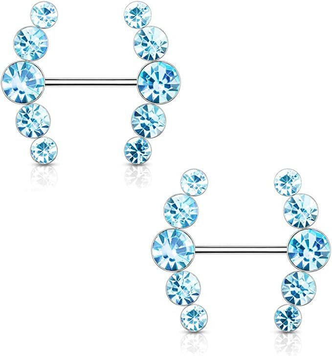 Surgical Steel Five Round Crystals Lined Ends Nipple Barbell Rings Nipple Ring Impulse Piercings Aqua