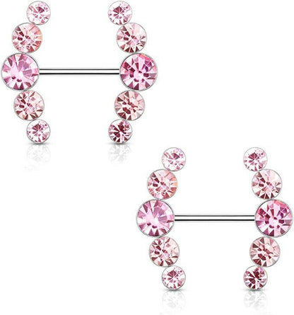 Surgical Steel Five Round Crystals Lined Ends Nipple Barbell Rings Nipple Ring Impulse Piercings Pink