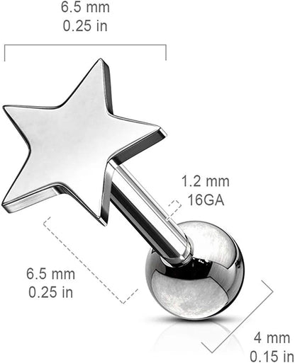 Surgical Steel Flat Star Top Cartilage Tragus Barbell Studs Cartilage Earring Impulse Piercings