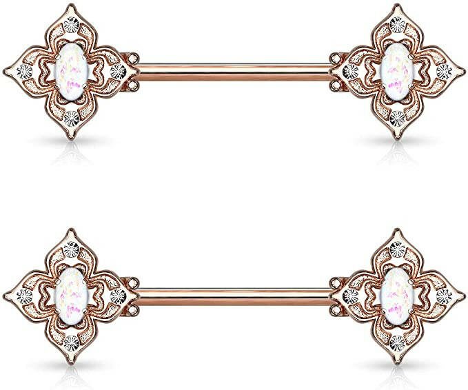 Surgical Steel Floral Filigree Square with Crystal Accents and Opal Glitter Center Nipple Barbell Rings Nipple Ring Impulse Piercings Rose Gold