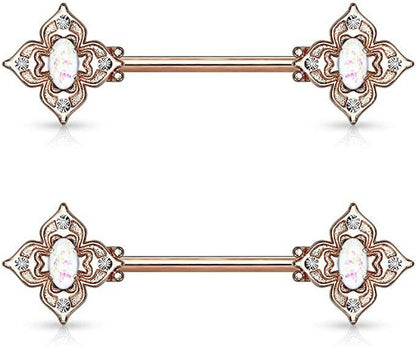 Surgical Steel Floral Filigree Square with Crystal Accents and Opal Glitter Center Nipple Barbell Rings Nipple Ring Impulse Piercings Rose Gold