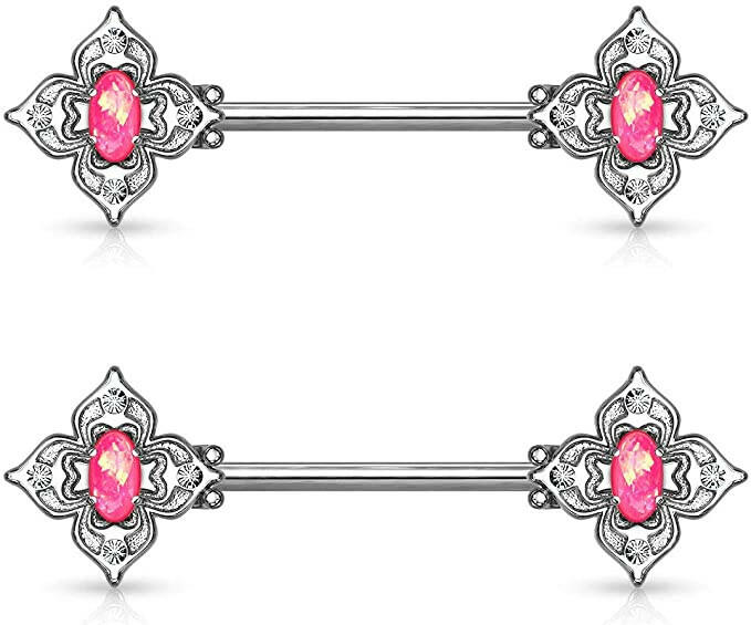 Surgical Steel Floral Filigree Square with Crystal Accents and Opal Glitter Center Nipple Barbell Rings Nipple Ring Impulse Piercings Pink