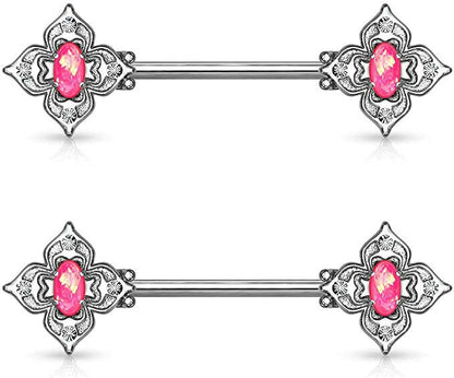 Surgical Steel Floral Filigree Square with Crystal Accents and Opal Glitter Center Nipple Barbell Rings Nipple Ring Impulse Piercings Pink