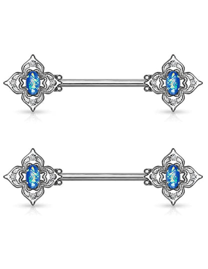 Surgical Steel Floral Filigree Square with Crystal Accents and Opal Glitter Center Nipple Barbell Rings Nipple Ring Impulse Piercings Blue