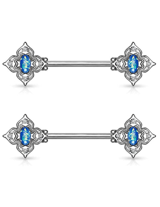 Surgical Steel Floral Filigree Square with Crystal Accents and Opal Glitter Center Nipple Barbell Rings Nipple Ring Impulse Piercings Blue