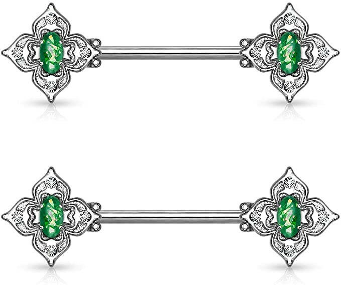 Surgical Steel Floral Filigree Square with Crystal Accents and Opal Glitter Center Nipple Barbell Rings Nipple Ring Impulse Piercings Dark Green