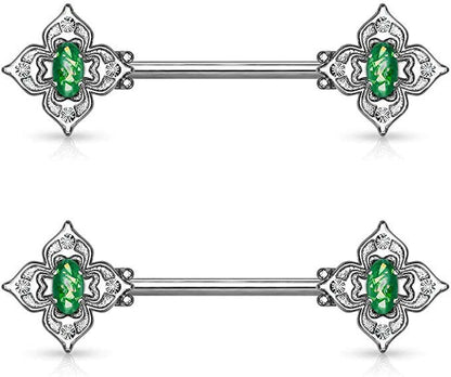 Surgical Steel Floral Filigree Square with Crystal Accents and Opal Glitter Center Nipple Barbell Rings Nipple Ring Impulse Piercings Dark Green