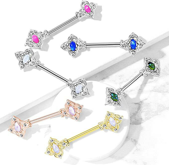 Surgical Steel Floral Filigree Square with Crystal Accents and Opal Glitter Center Nipple Barbell Rings Nipple Ring Impulse Piercings