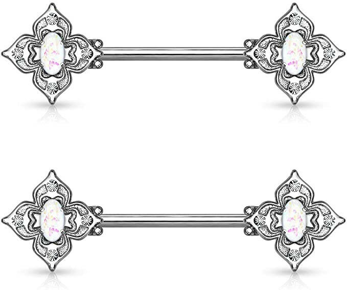 Surgical Steel Floral Filigree Square with Crystal Accents and Opal Glitter Center Nipple Barbell Rings Nipple Ring Impulse Piercings White