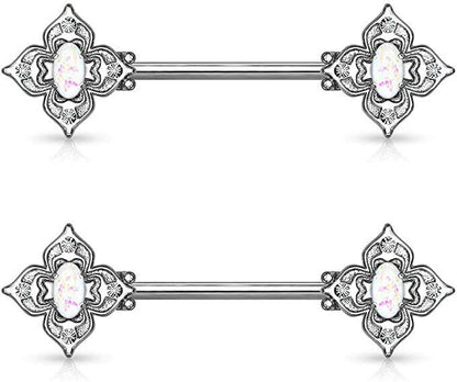 Surgical Steel Floral Filigree Square with Crystal Accents and Opal Glitter Center Nipple Barbell Rings Nipple Ring Impulse Piercings White