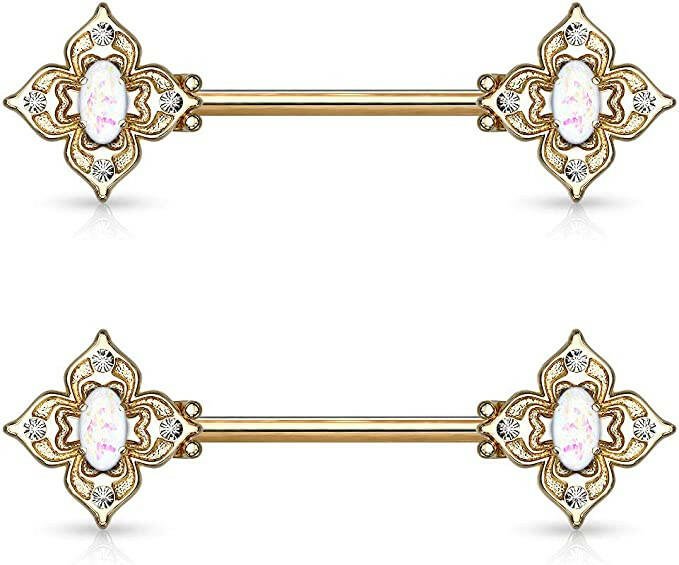 Surgical Steel Floral Filigree Square with Crystal Accents and Opal Glitter Center Nipple Barbell Rings Nipple Ring Impulse Piercings Gold