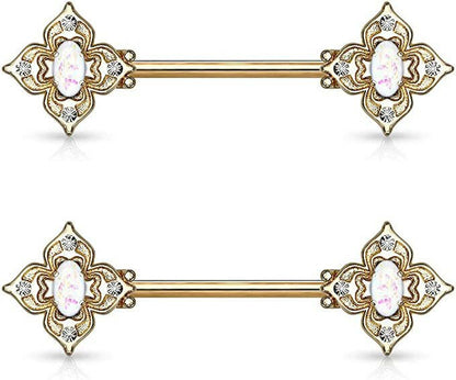 Surgical Steel Floral Filigree Square with Crystal Accents and Opal Glitter Center Nipple Barbell Rings Nipple Ring Impulse Piercings Gold