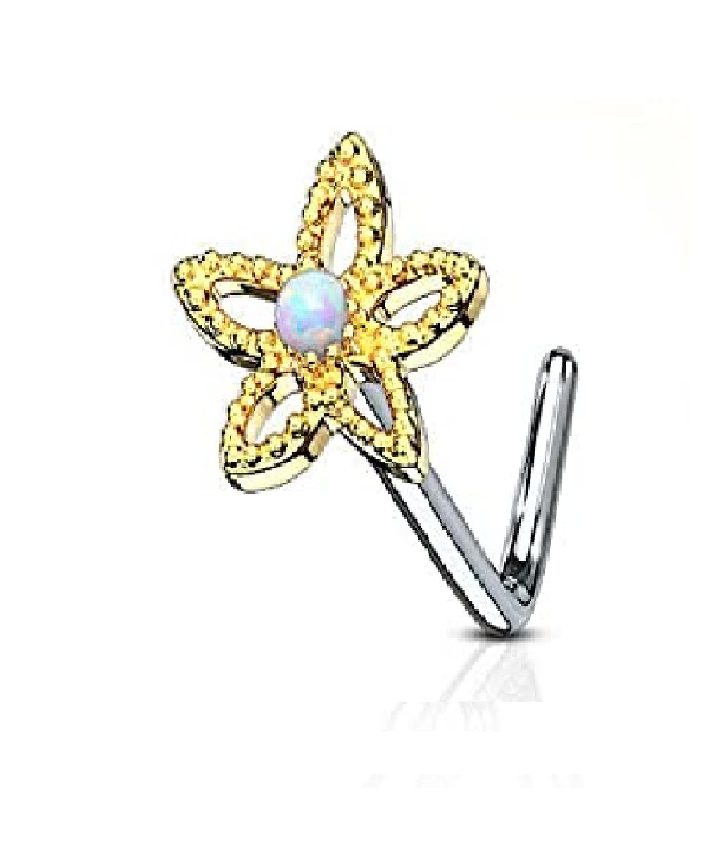 Surgical Steel Flower Contour Dome Opal Center L Bend Nose Stud Rings Nose Ring Impulse Piercings Gold