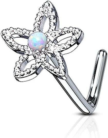 Surgical Steel Flower Contour Dome Opal Center L Bend Nose Stud Rings Nose Ring Impulse Piercings White