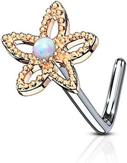 Surgical Steel Flower Contour Dome Opal Center L Bend Nose Stud Rings Nose Ring Impulse Piercings Rose Gold