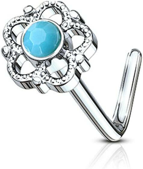 Surgical Steel Flower Filigree Turquoise Center L Shaped Nose Ring Nose Ring Impulse Piercings Steel