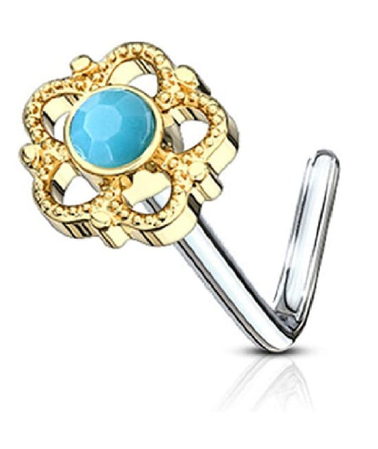 Surgical Steel Flower Filigree Turquoise Center L Shaped Nose Ring Nose Ring Impulse Piercings Gold