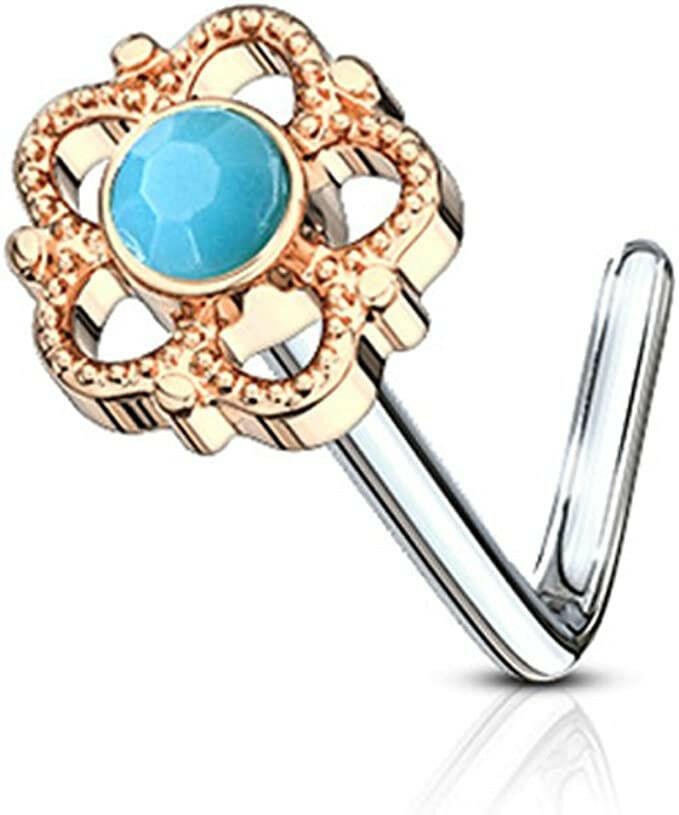 Surgical Steel Flower Filigree Turquoise Center L Shaped Nose Ring Nose Ring Impulse Piercings Rose Gold