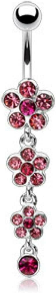 Surgical Steel Flower Petal Gem Paved Dangle with Gemmed Flower Belly Navel Ring Navel Ring Impulse Piercings Pink